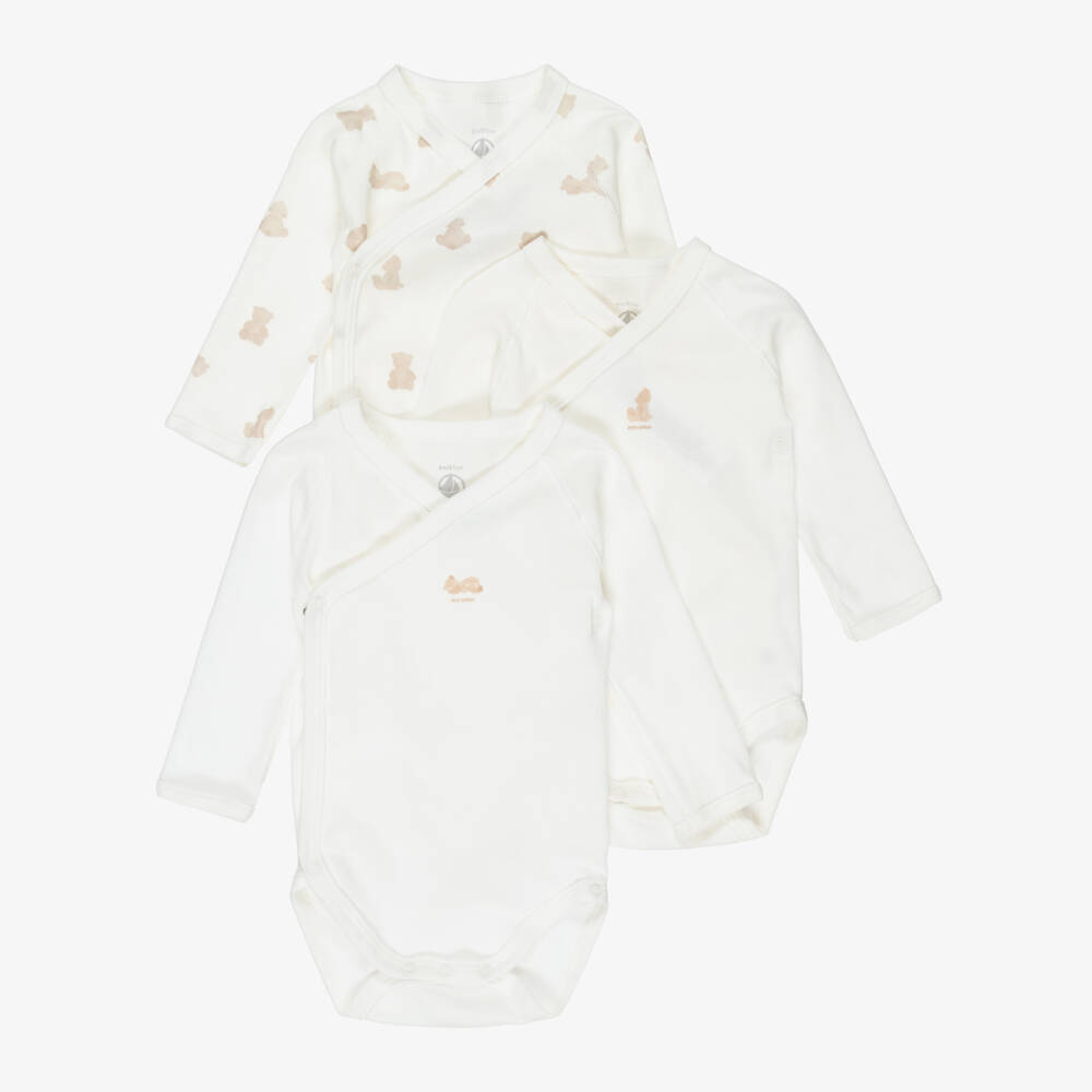 Petit Bateau-Ivory Cotton Jersey Long Sleeved Teddy Bodysuits (3 Pack) | Childrensalon Outlet