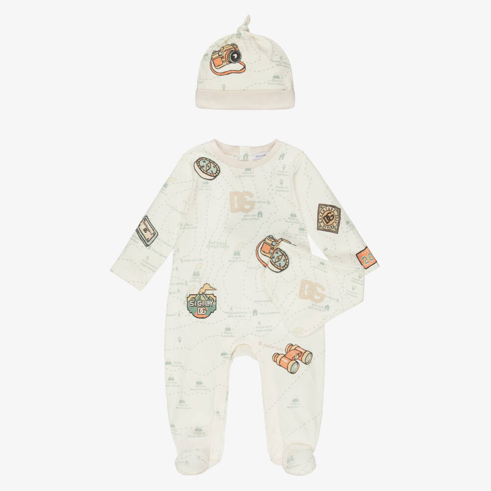 Dolce & Gabbana-Ivory Cotton Map Print Babysuit Gift Set | Childrensalon Outlet