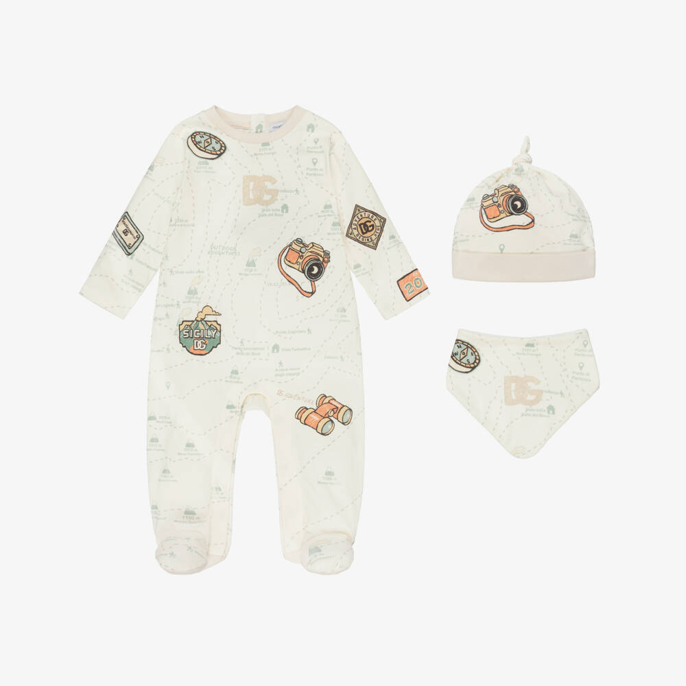 Dolce & Gabbana-Ivory Cotton Map Print Babysuit Gift Set | Childrensalon Outlet