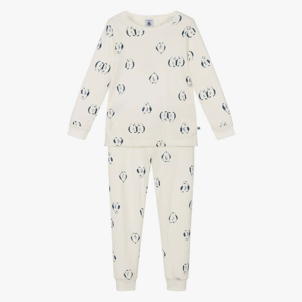 Petit Bateau-Ivory Cotton Pyjamas with Navy Blue Penguin Print | Childrensalon Outlet