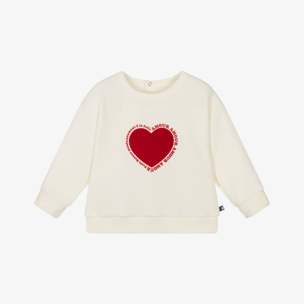 Petit Bateau-Ivory Cotton Sweatshirt with Flocked Red Heart  | Childrensalon Outlet