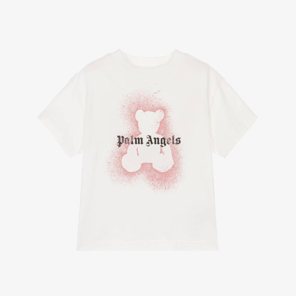 Palm Angels-Ivory Cotton T-Shirt with Pink Spray Paint Bear | Childrensalon Outlet