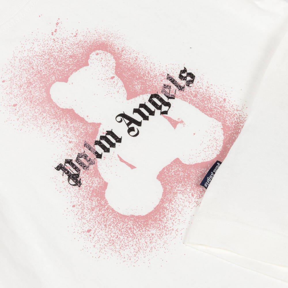 Palm Angels-Ivory Cotton T-Shirt with Pink Spray Paint Bear | Childrensalon Outlet