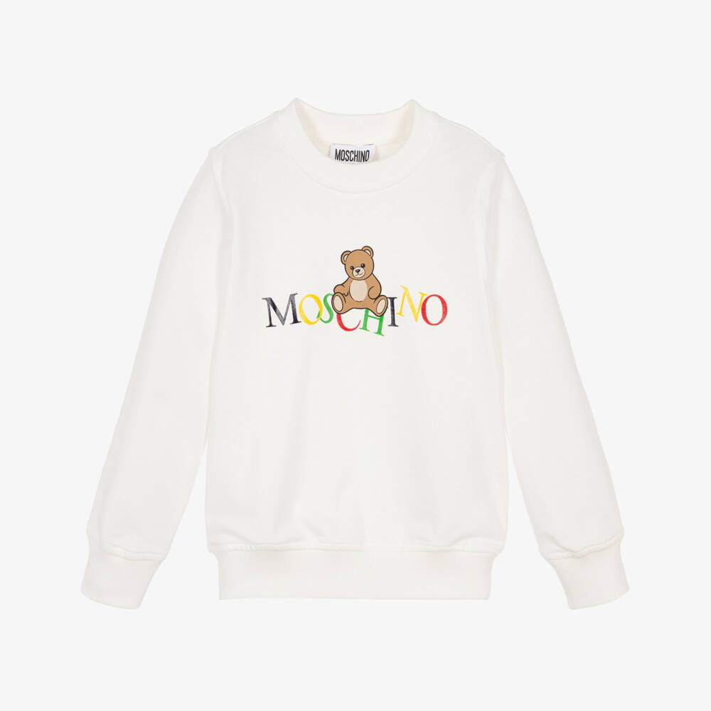 Moschino-Ivory Cotton Teddy Bear Sweatshirt with Colourful Logo | Childrensalon Outlet