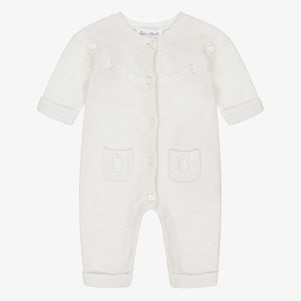 Tartine et Chocolat-Ivory Cotton & Wool Knit Hand-Embroidered Romper | Childrensalon Outlet