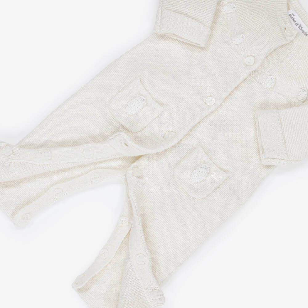 Tartine et Chocolat-Ivory Cotton & Wool Knit Hand-Embroidered Romper | Childrensalon Outlet