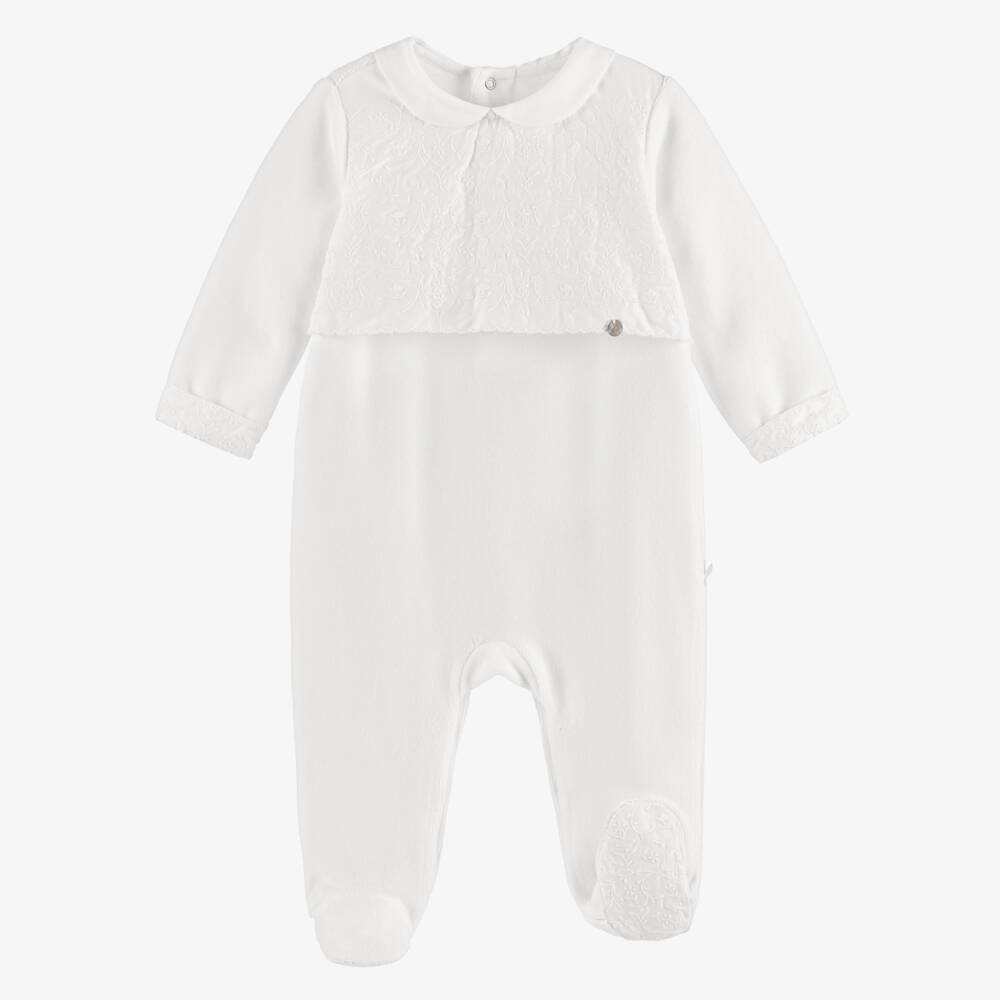 Pureté Du... Bébé-Ivory Embroidered Cotton Velour Babygrow | Childrensalon Outlet