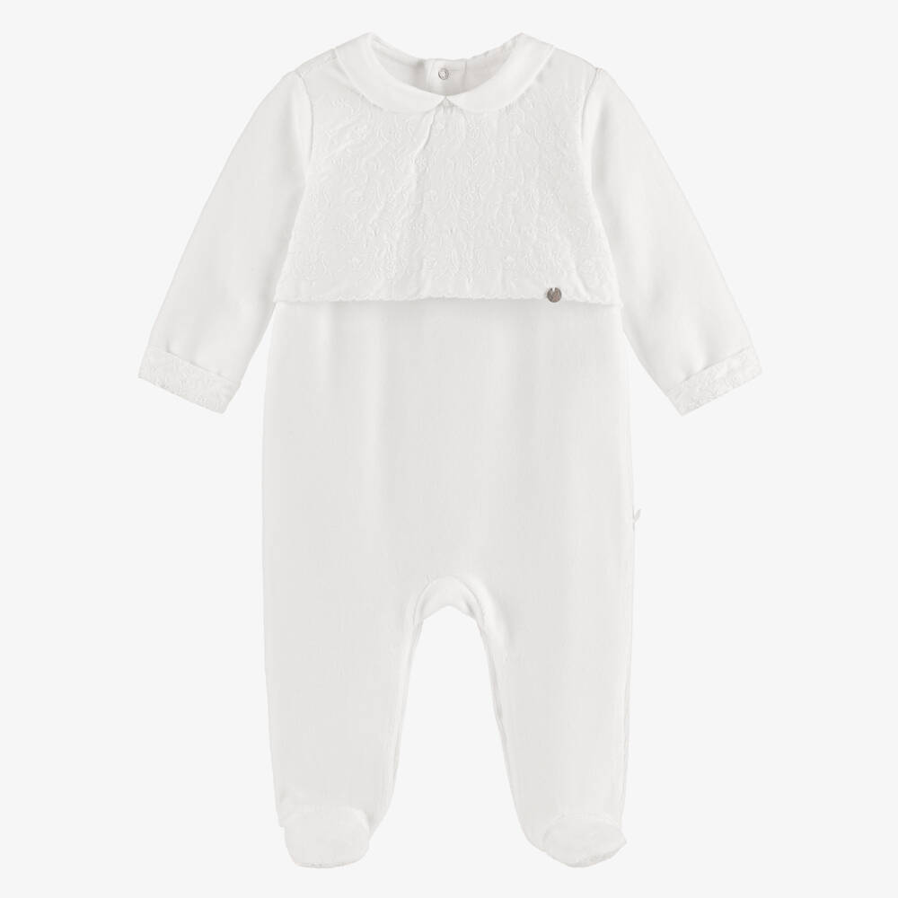 Pureté Du... Bébé-Ivory Embroidered Cotton Velour Babygrow | Childrensalon Outlet