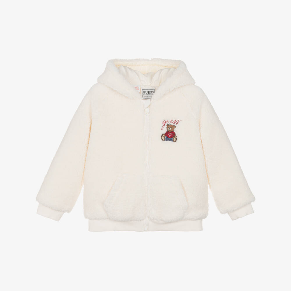 Guess-Ivory Fleece Hooded Jacket with Teddy Bear Logo | Childrensalon Outlet