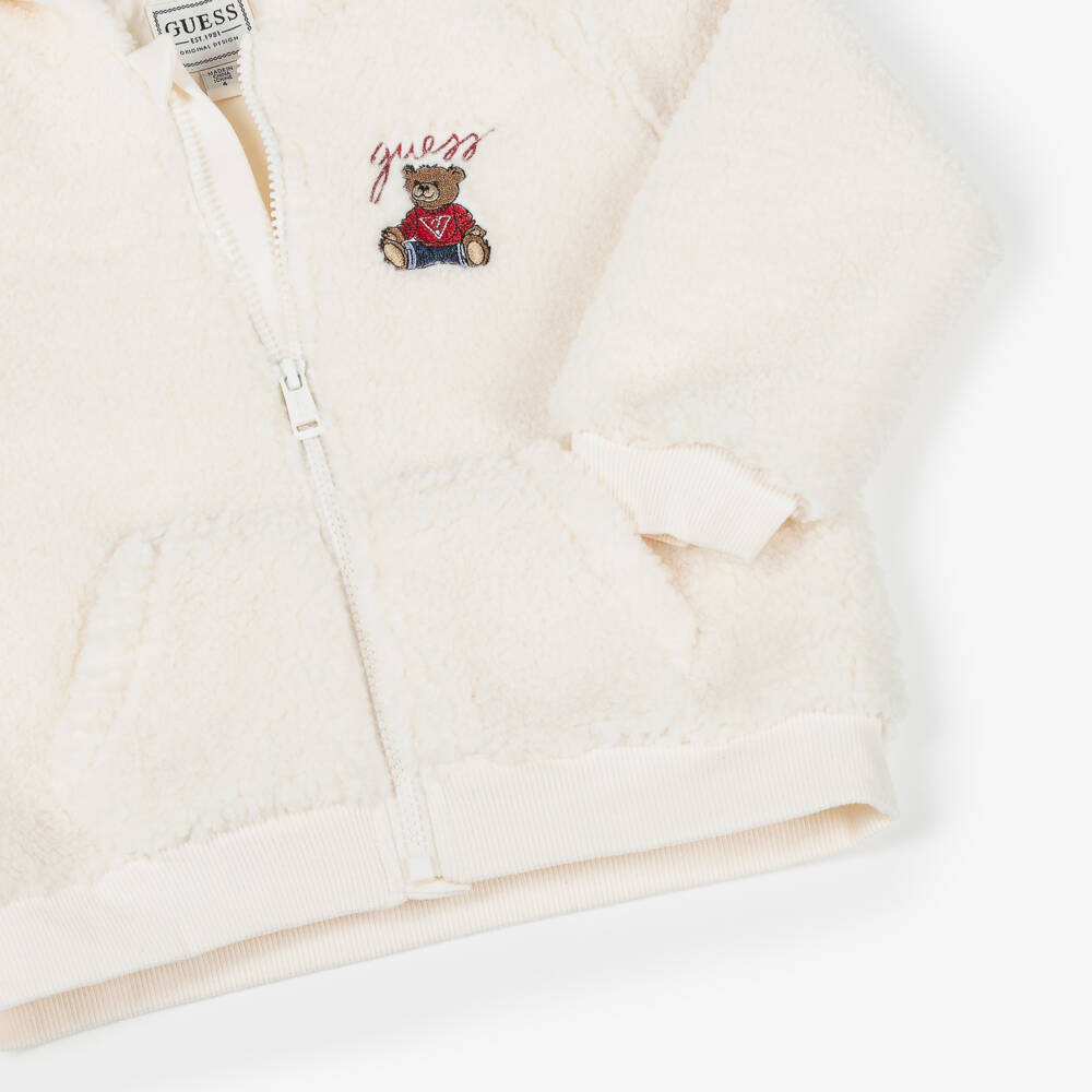 Guess-Ivory Fleece Hooded Jacket with Teddy Bear Logo | Childrensalon Outlet