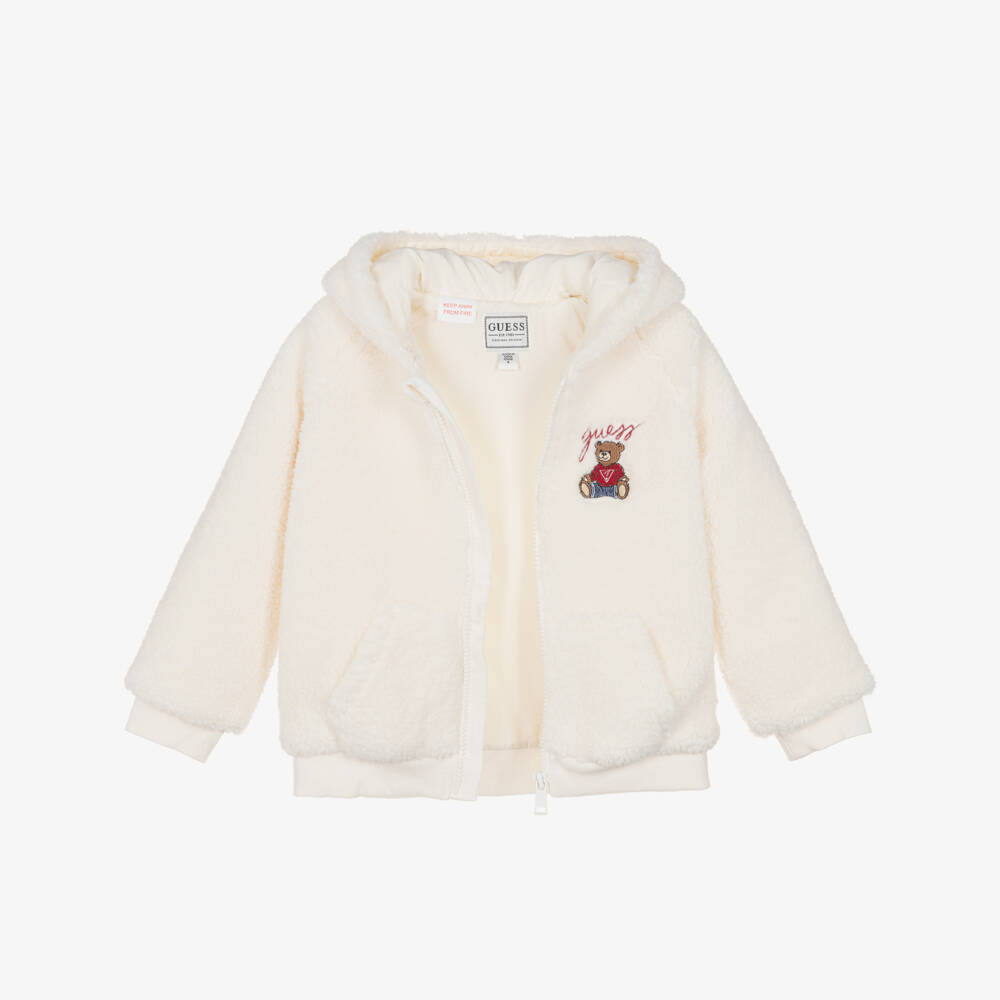 Guess-Ivory Fleece Hooded Jacket with Teddy Bear Logo | Childrensalon Outlet