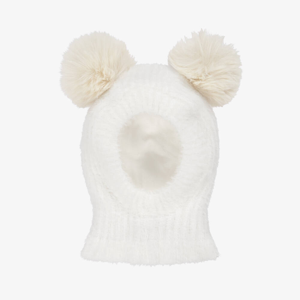 Jamiks-Ivory Fluffy Knit Balaclava with Faux Fur Pom-Poms | Childrensalon Outlet