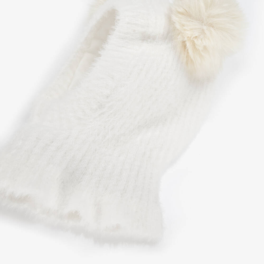 Jamiks-Ivory Fluffy Knit Balaclava with Faux Fur Pom-Poms | Childrensalon Outlet