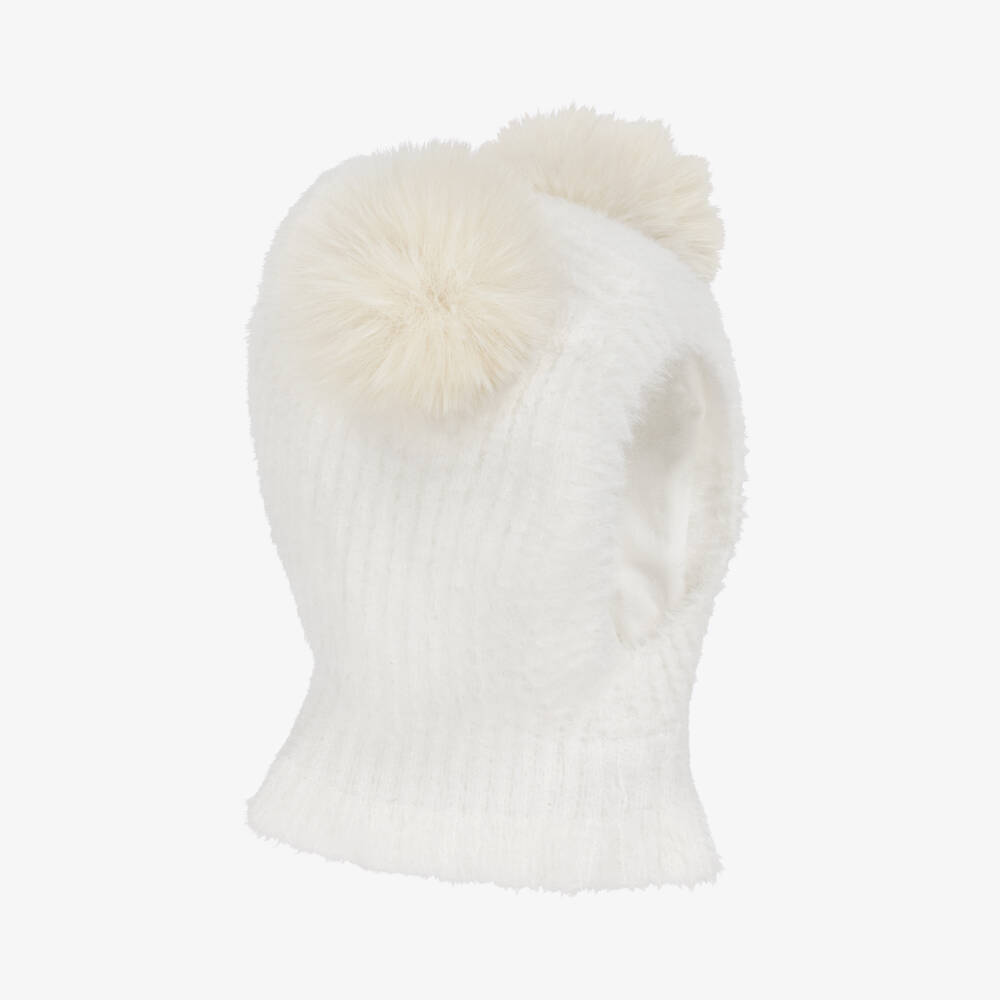 Jamiks-Ivory Fluffy Knit Balaclava with Faux Fur Pom-Poms | Childrensalon Outlet