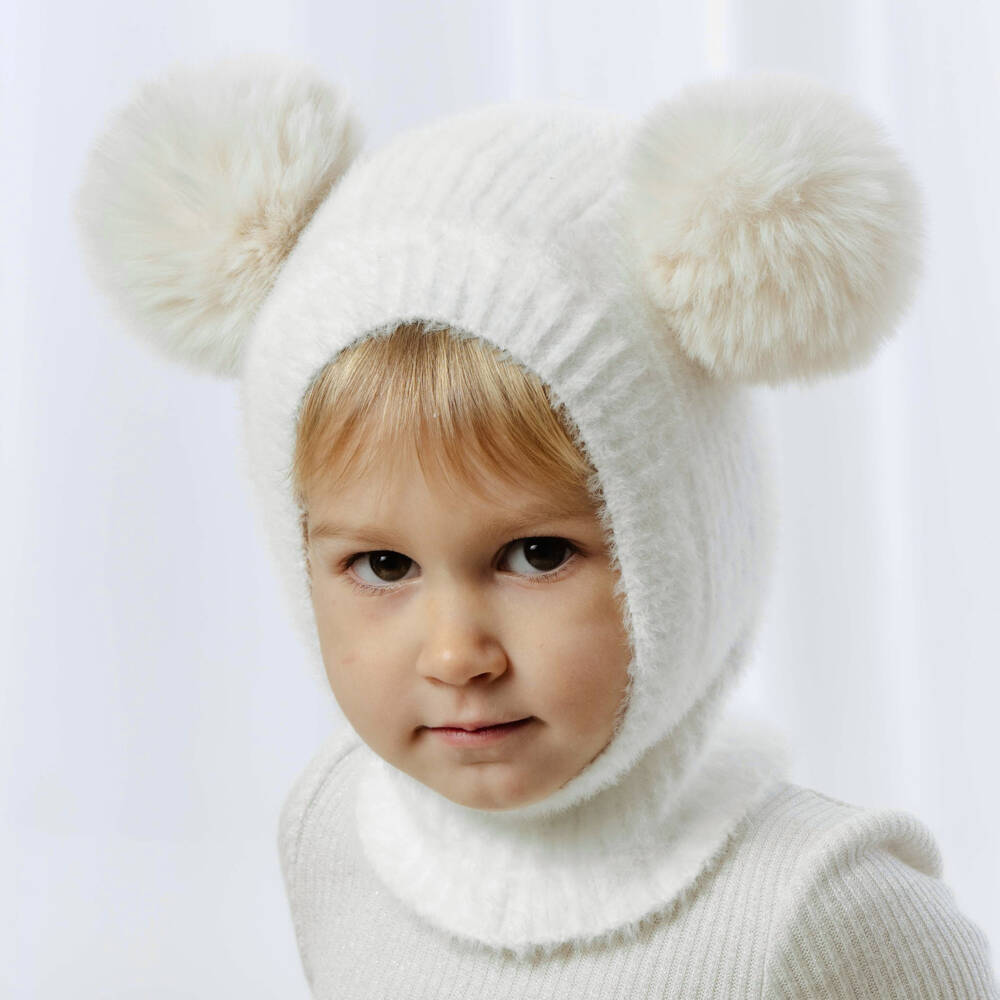 Jamiks-Ivory Fluffy Knit Balaclava with Faux Fur Pom-Poms | Childrensalon Outlet