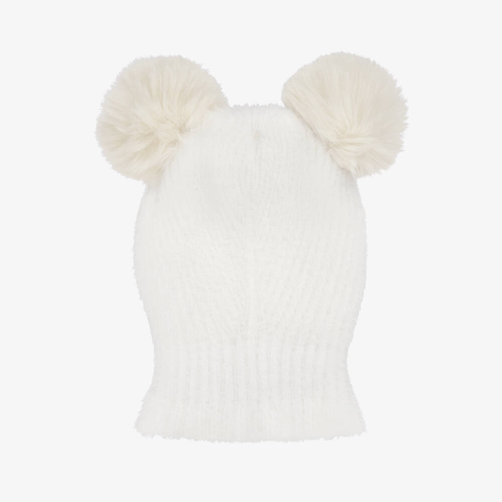 Jamiks-Ivory Fluffy Knit Balaclava with Faux Fur Pom-Poms | Childrensalon Outlet