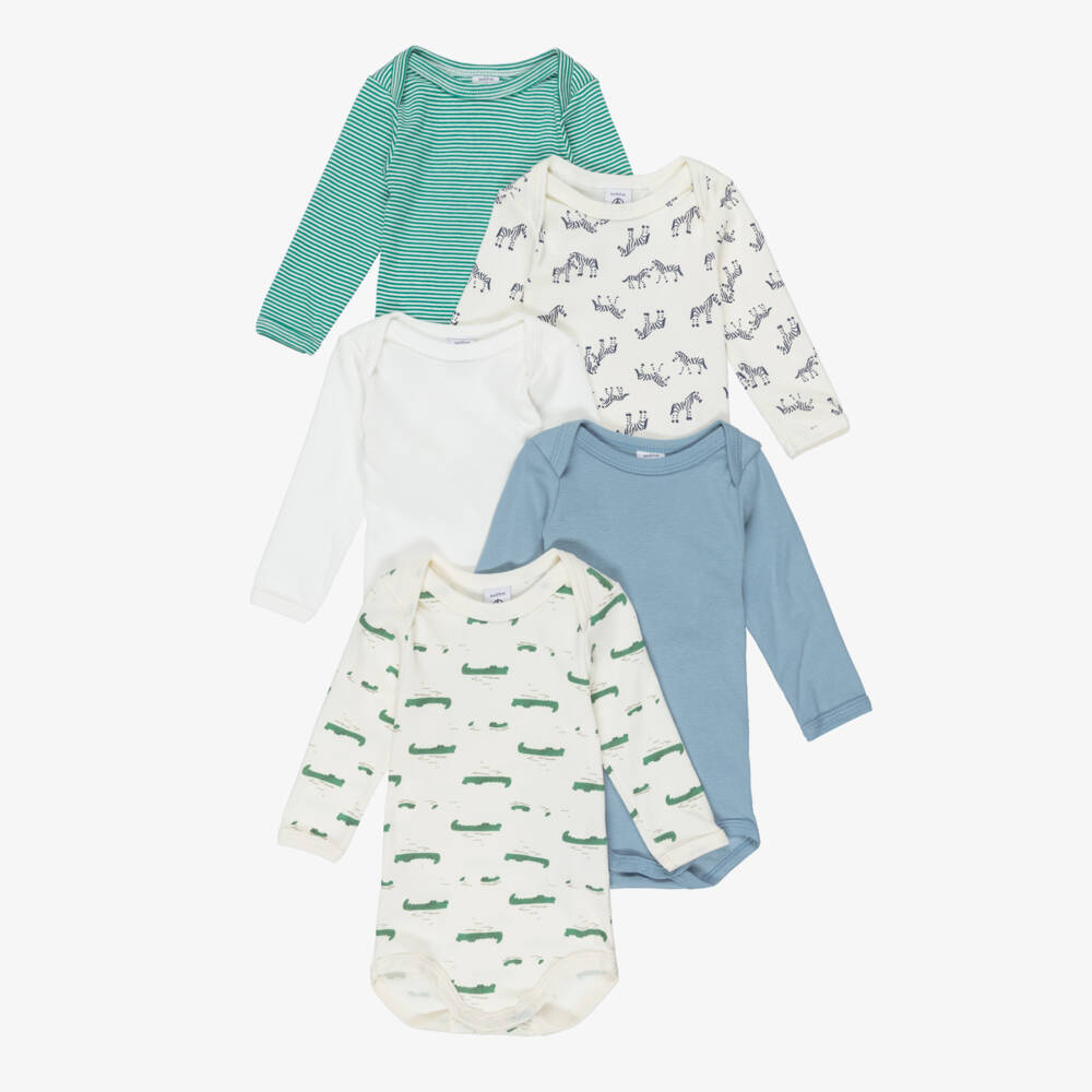 Petit Bateau-Ivory & Green Cotton Baby Bodyvests (5 Pack) | Childrensalon Outlet