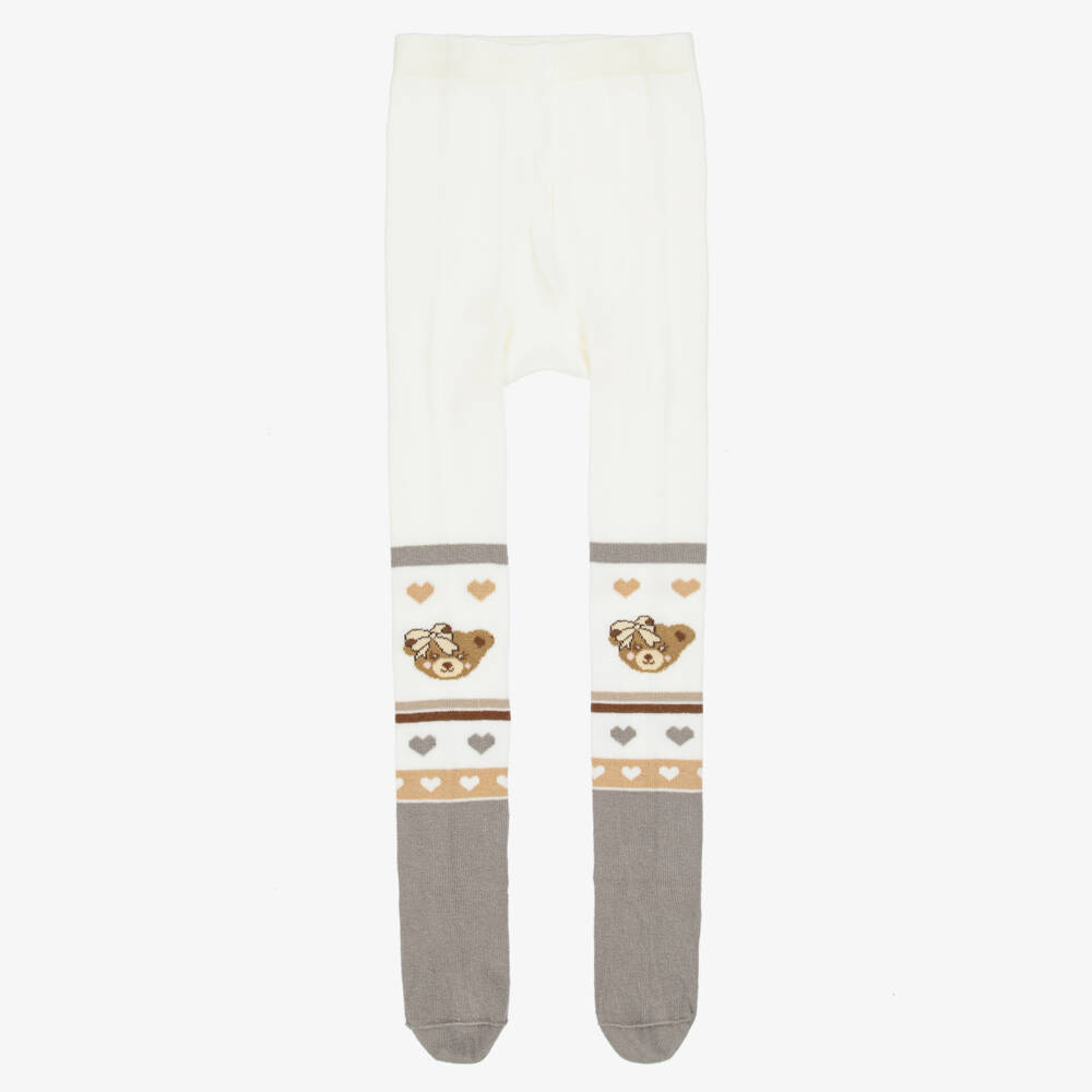 Monnalisa-Ivory & Grey Cotton Rich Teddy Bear Tights | Childrensalon Outlet