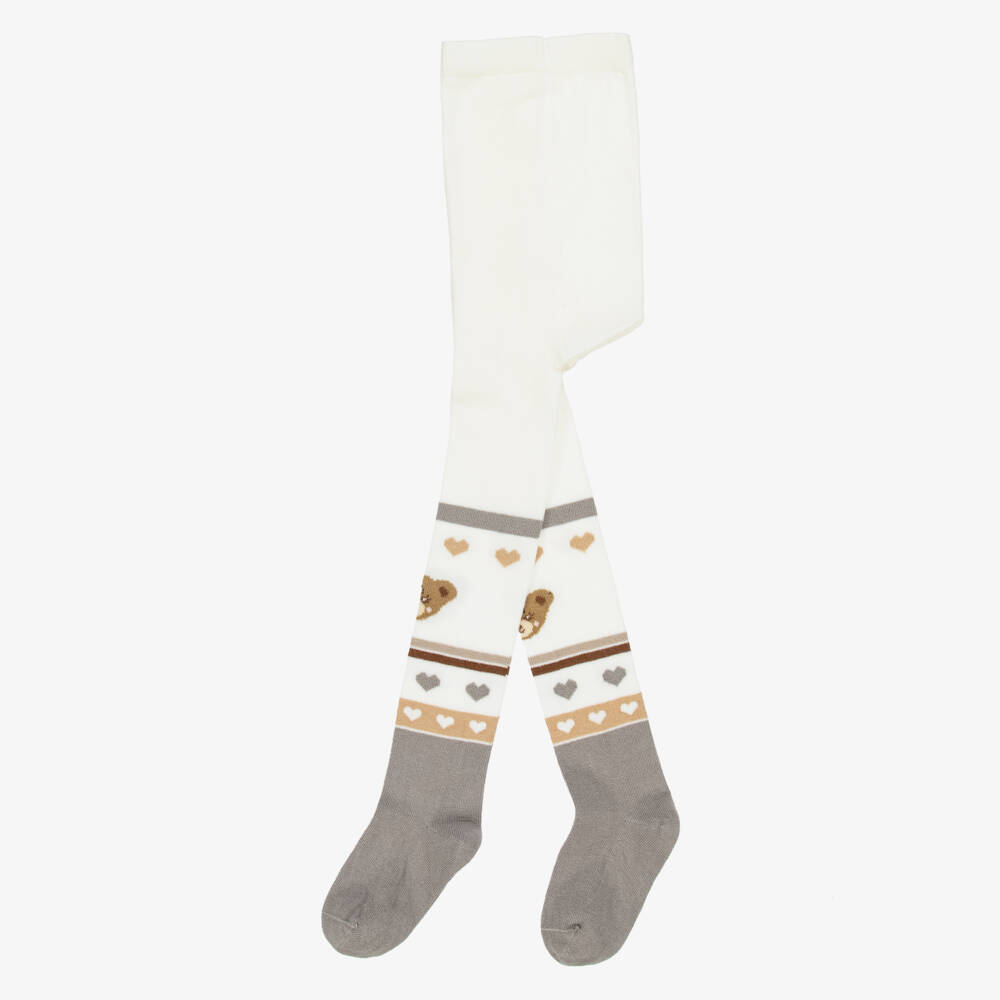 Monnalisa-Ivory & Grey Cotton Rich Teddy Bear Tights | Childrensalon Outlet