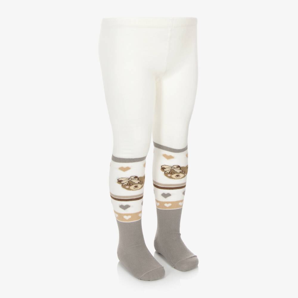 Monnalisa-Ivory & Grey Cotton Rich Teddy Bear Tights | Childrensalon Outlet