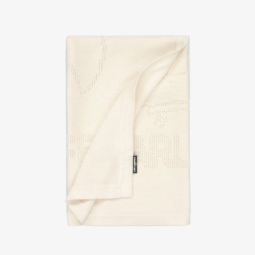 KARL LAGERFELD KIDS-Ivory Karl & Choupette Cotton Knit Blanket (75cm) | Childrensalon Outlet