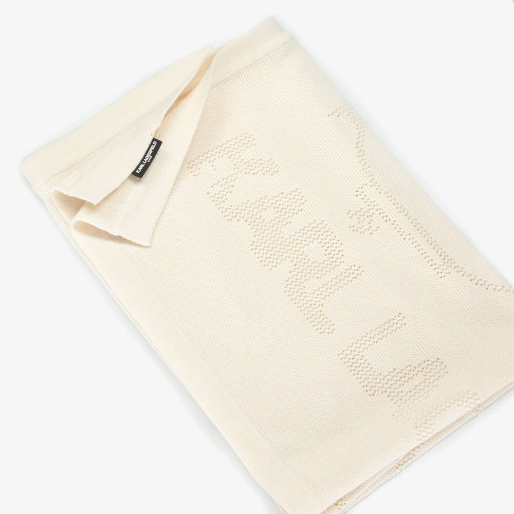 KARL LAGERFELD KIDS-Ivory Karl & Choupette Cotton Knit Blanket (75cm) | Childrensalon Outlet