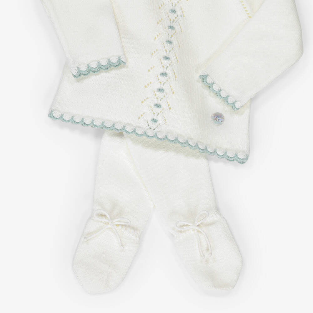 Artesanía Granlei-Ivory Knitted 2 Piece Babygrow with Blue Scalloped Trim | Childrensalon Outlet