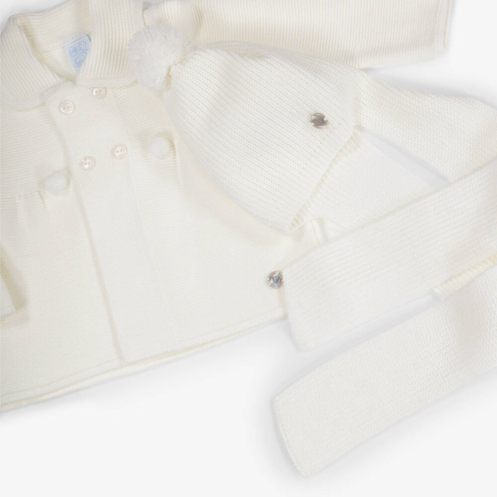Artesanía Granlei-Ivory Knitted Baby Coat & Pom-Pom Hat Set | Childrensalon Outlet