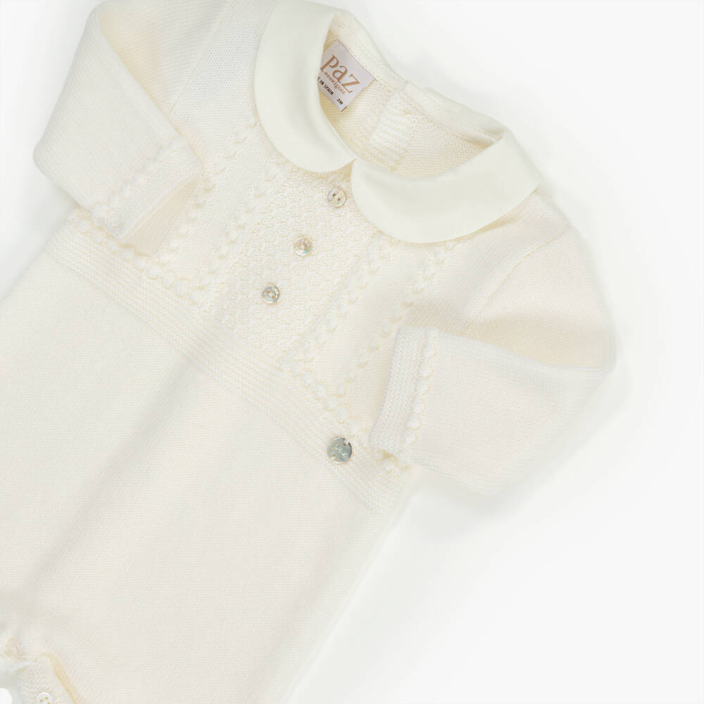 PAZ Rodríguez-Ivory Knitted Wool Babygrow with Cotton Collar | Childrensalon Outlet