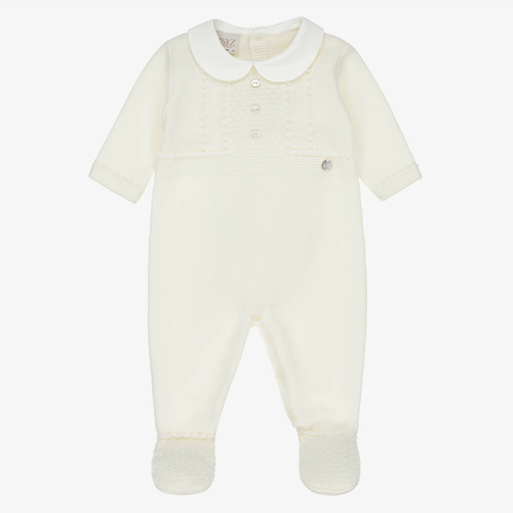 PAZ Rodríguez-Ivory Knitted Wool Babygrow with Cotton Collar | Childrensalon Outlet