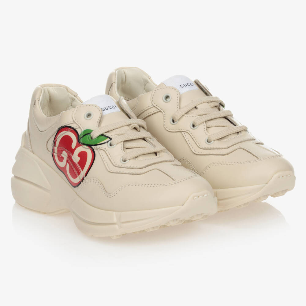 Gucci-Ivory Leather & Red Apple GG Logo Trainers | Childrensalon Outlet