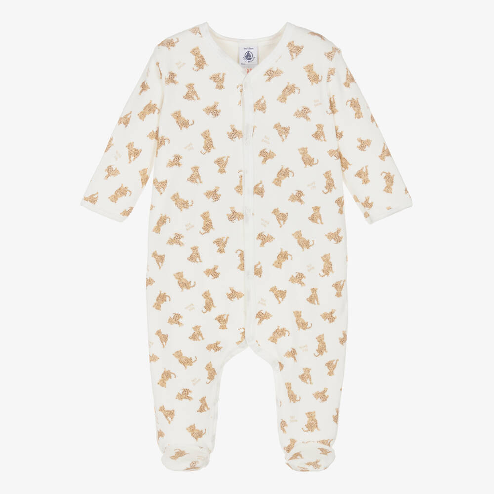 Petit Bateau-Ivory Leopard Print Organic Cotton Velour Jersey Babygrow | Childrensalon Outlet
