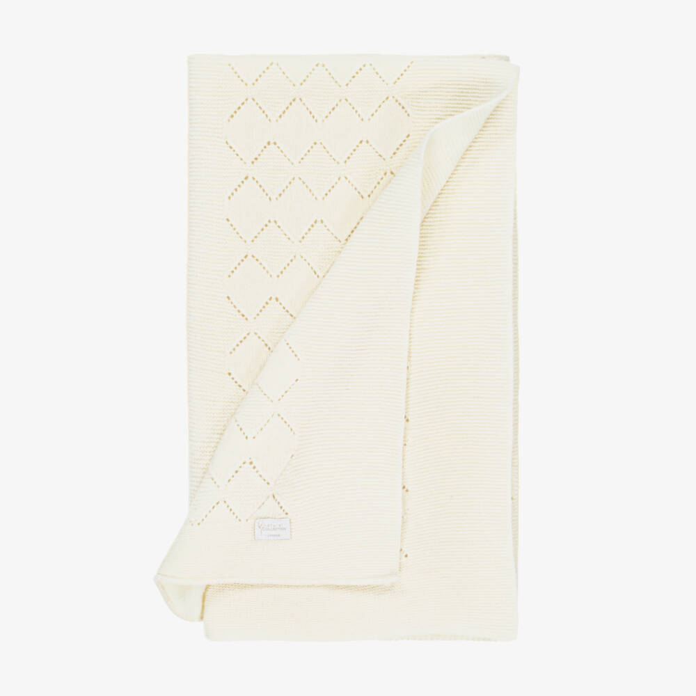 Jamiks-Ivory Merino Wool Knitted Baby Blanket (100cm) | Childrensalon Outlet
