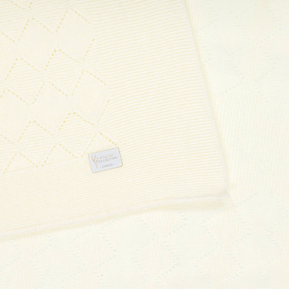 Jamiks-Ivory Merino Wool Knitted Baby Blanket (100cm) | Childrensalon Outlet