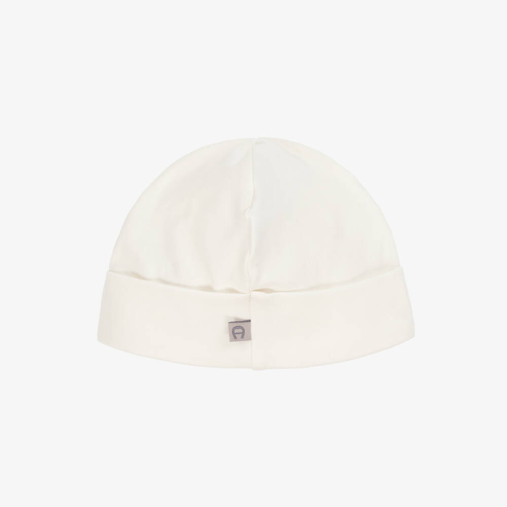 AIGNER-Ivory Pima Cotton Embroidered Logo Baby Hat | Childrensalon Outlet