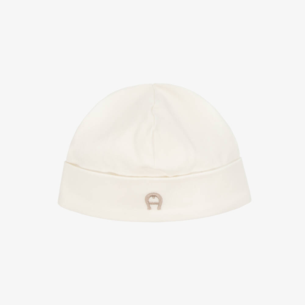 AIGNER-Ivory Pima Cotton Embroidered Logo Baby Hat | Childrensalon Outlet