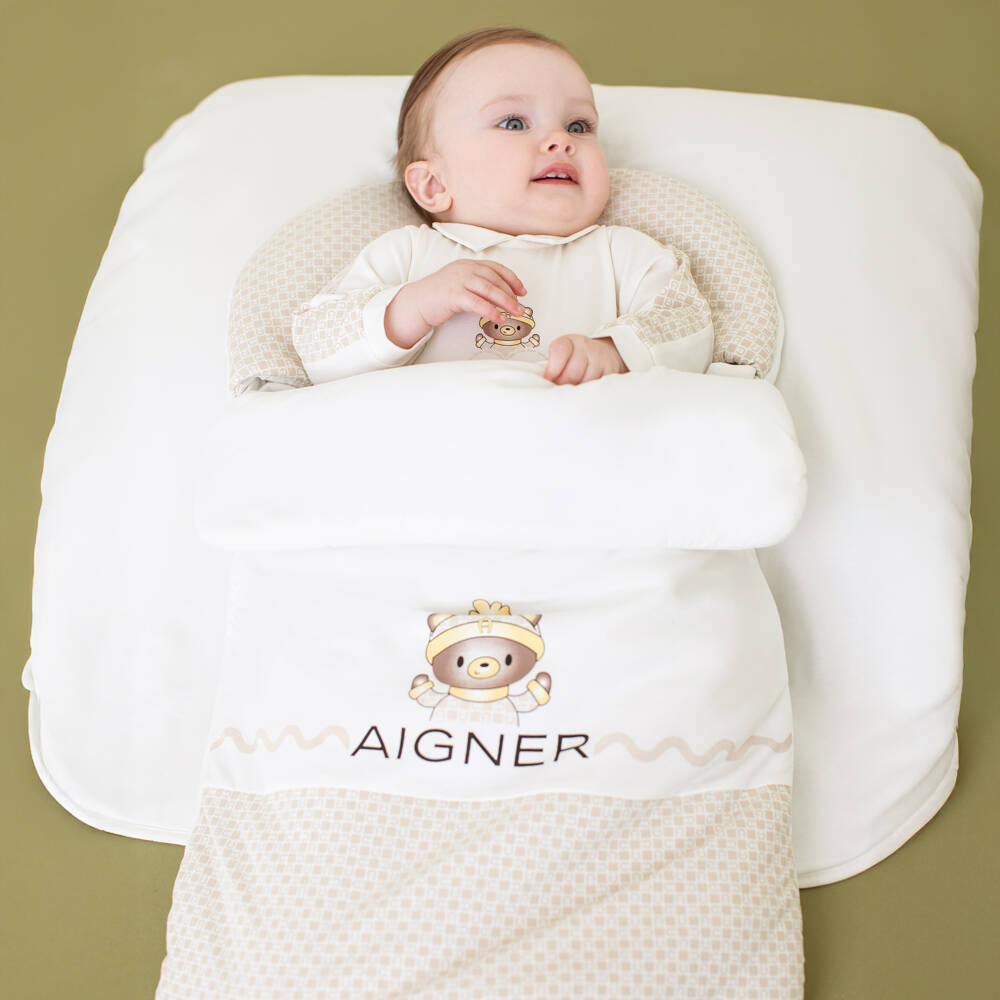 AIGNER-Ivory Pima Cotton Padded Teddy Bear Baby Nest (72cm) | Childrensalon Outlet