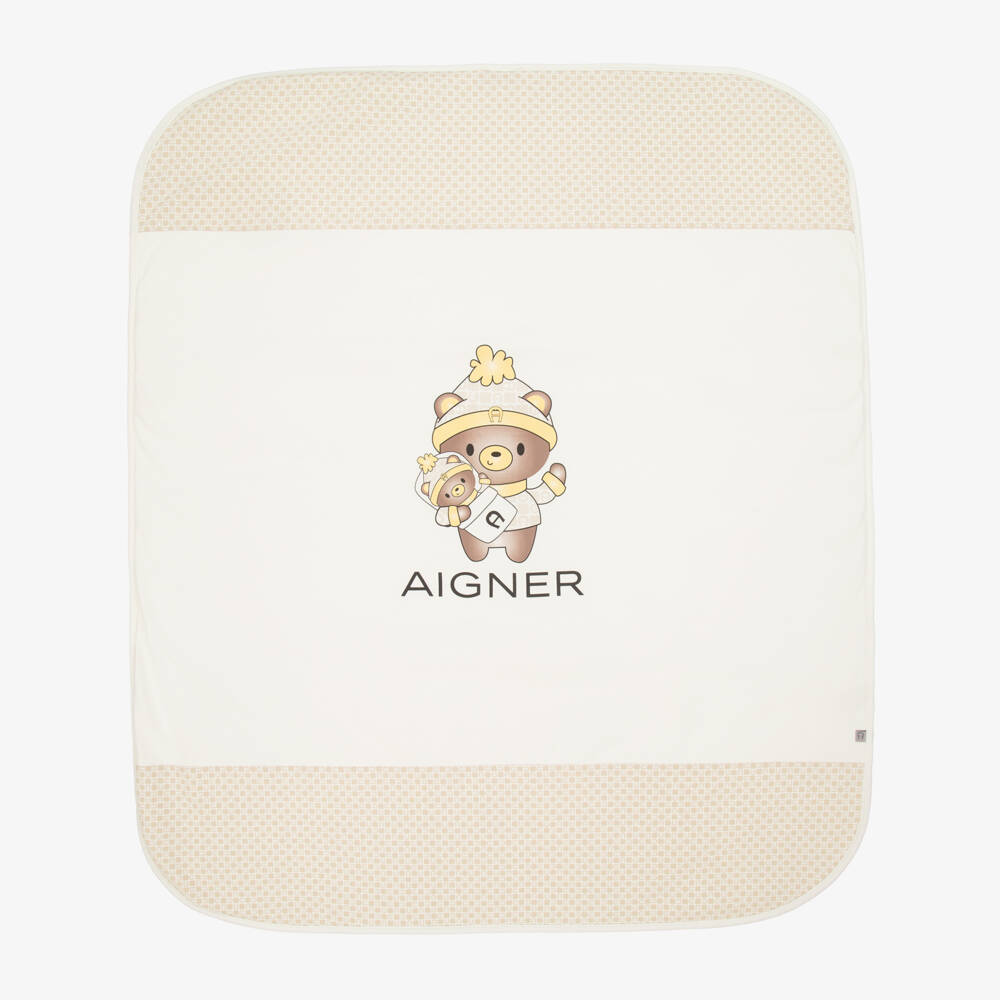 AIGNER-Ivory Pima Cotton Padded Teddy Bear Blanket (88cm) | Childrensalon Outlet