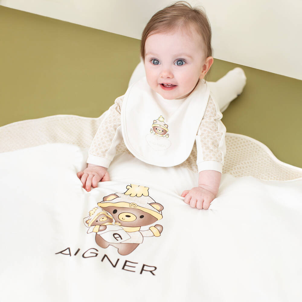 AIGNER-Ivory Pima Cotton Teddy Bear Velcro Bib | Childrensalon Outlet