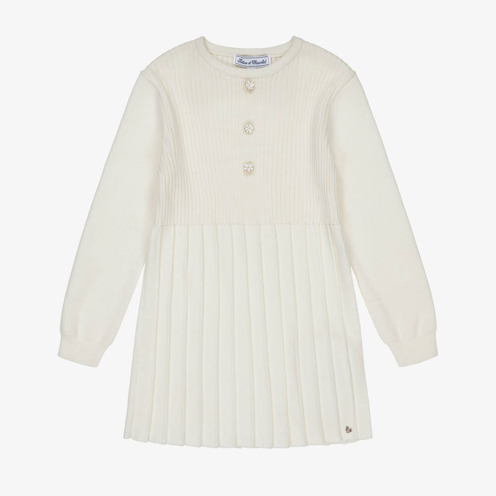Tartine et Chocolat-Ivory Pleated Wool Knit Dress | Childrensalon Outlet