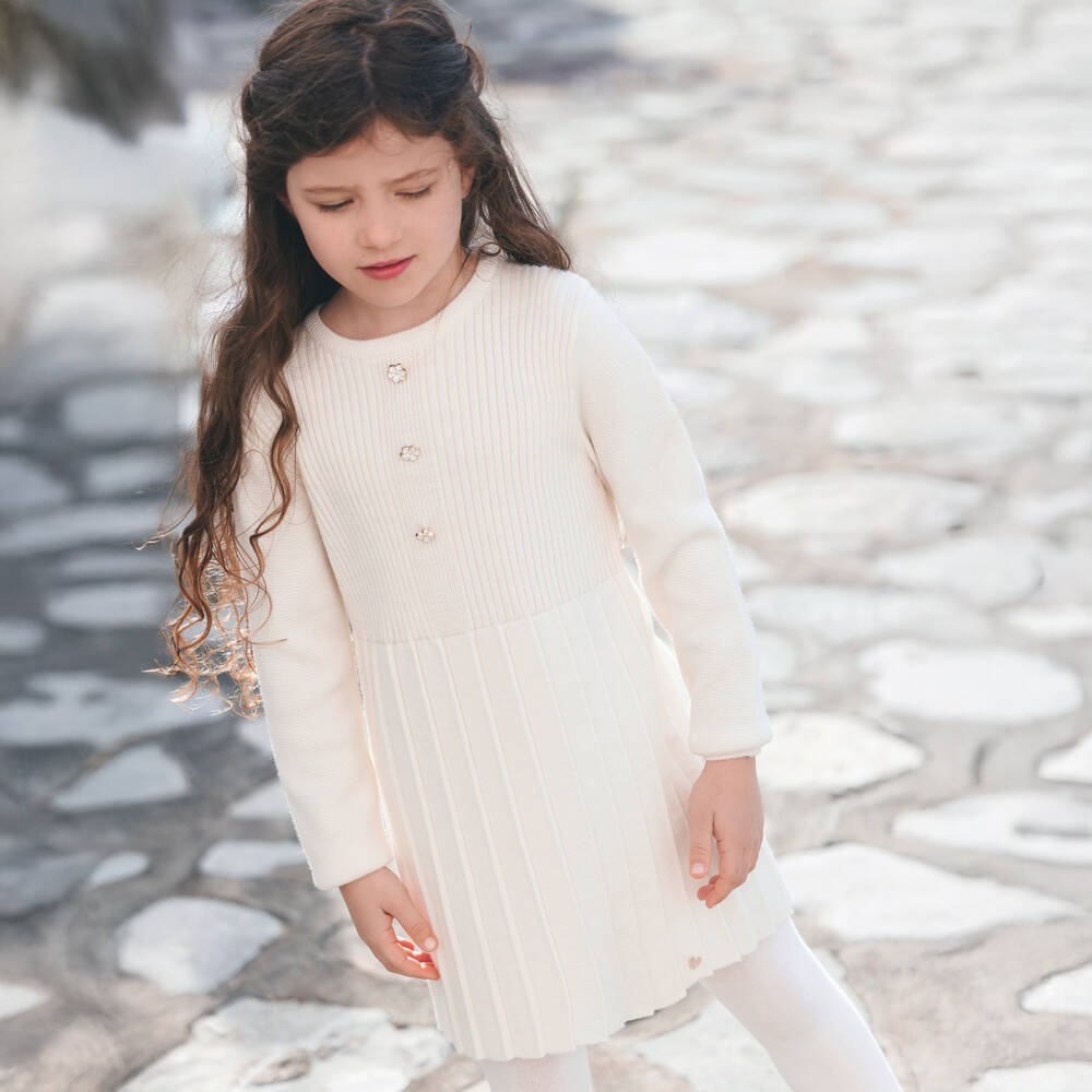 Tartine et Chocolat-Ivory Pleated Wool Knit Dress | Childrensalon Outlet