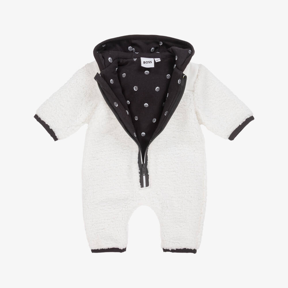 BOSS-Ivory Sherpa Fleece Pramsuit with Black Logo | Childrensalon Outlet
