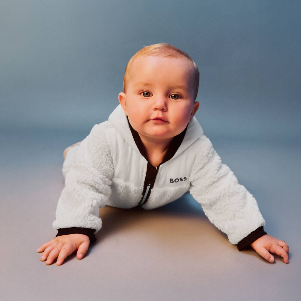 BOSS-Ivory Sherpa Fleece Pramsuit with Black Logo | Childrensalon Outlet
