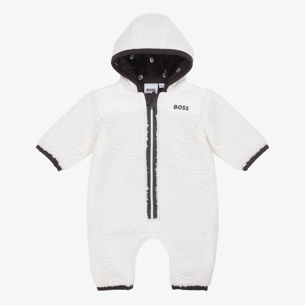 BOSS-Ivory Sherpa Fleece Pramsuit with Black Logo | Childrensalon Outlet
