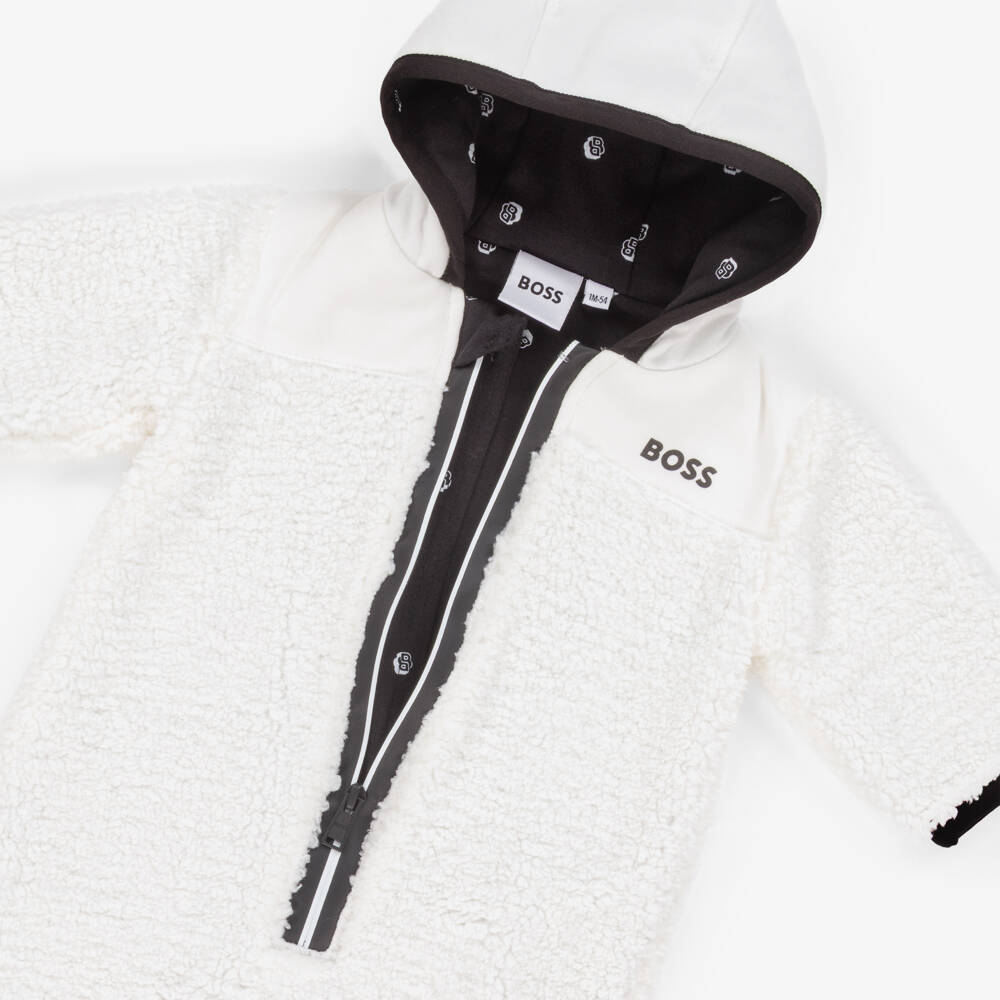 BOSS-Ivory Sherpa Fleece Pramsuit with Black Logo | Childrensalon Outlet