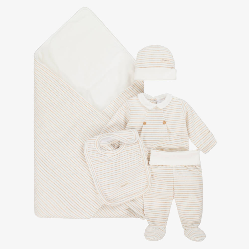Tutto Piccolo-Ivory Striped Velour Babysuit Set | Childrensalon Outlet
