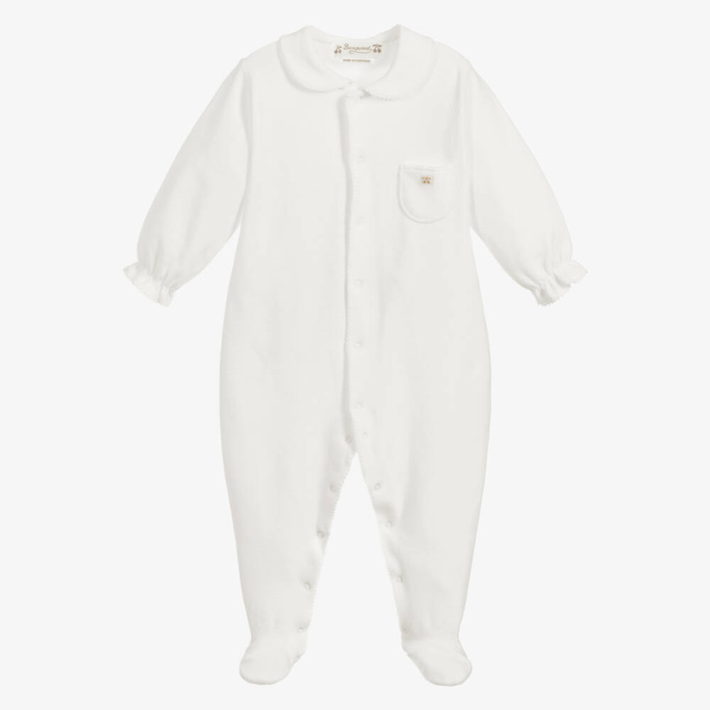 Bonpoint-Ivory Velour Babygrow with Cherry Logo Pocket | Childrensalon Outlet