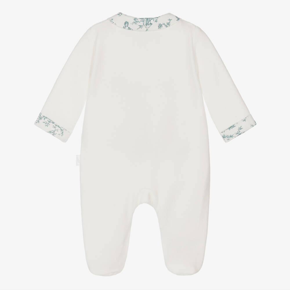Pureté Du... Bébé-Ivory Velour Babygrow with Green Toile De Jouy Trims | Childrensalon Outlet
