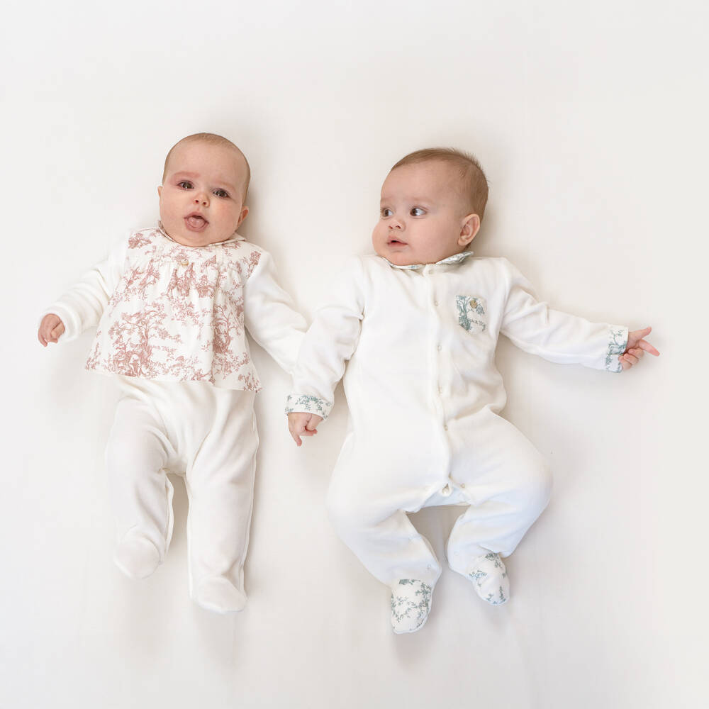 Pureté Du... Bébé-Ivory Velour Babygrow with Green Toile De Jouy Trims | Childrensalon Outlet