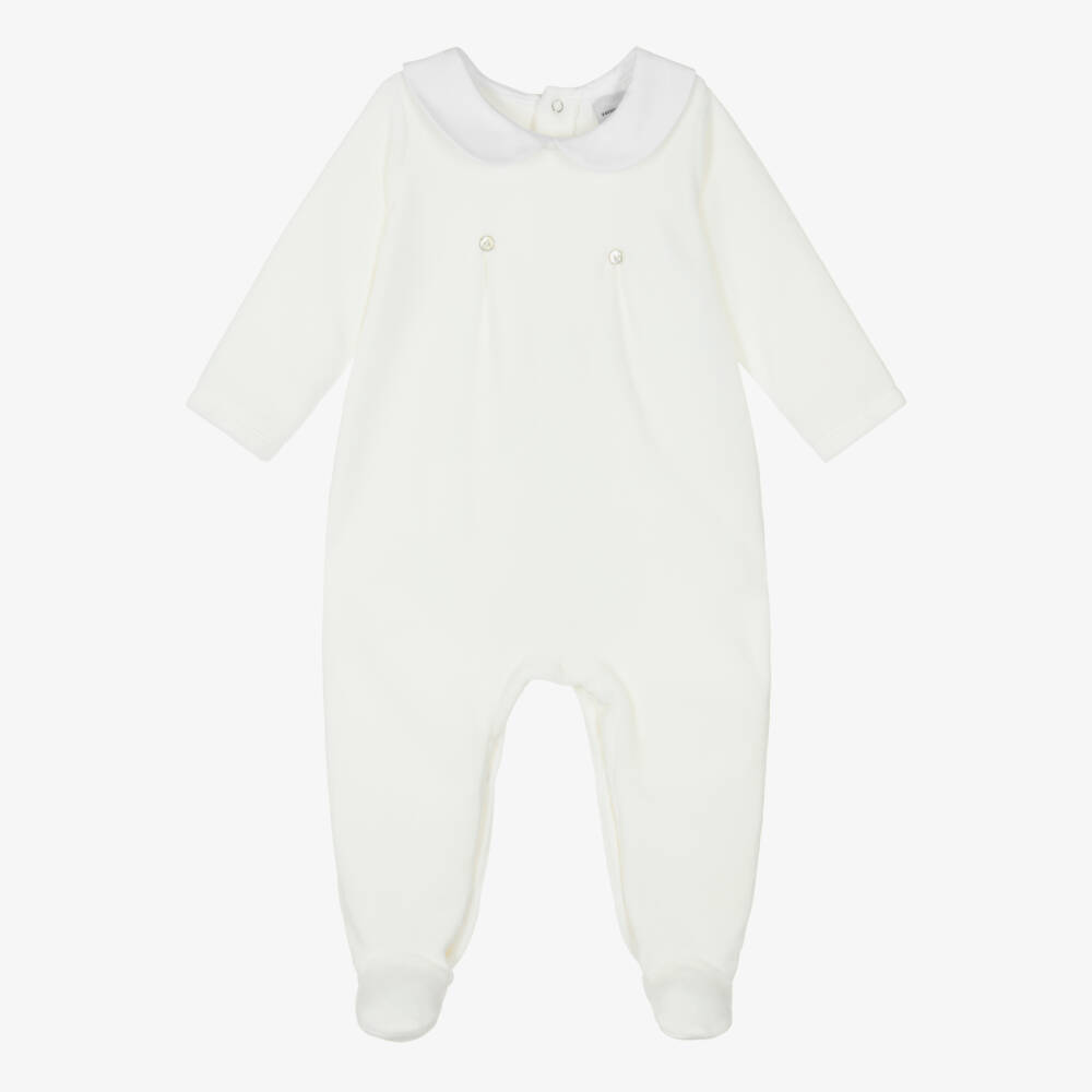 Babidu-Ivory Velour Babygrow with White Collar | Childrensalon Outlet